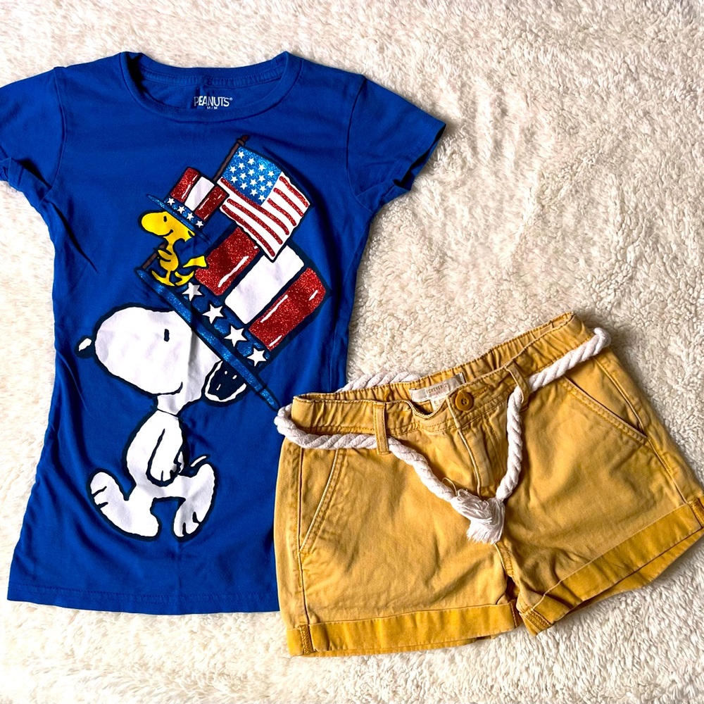 Snoopy Peanuts Patriotic Shirt Sz M (8/10) and Forever 21 Yellow Shorts Sz 9/10